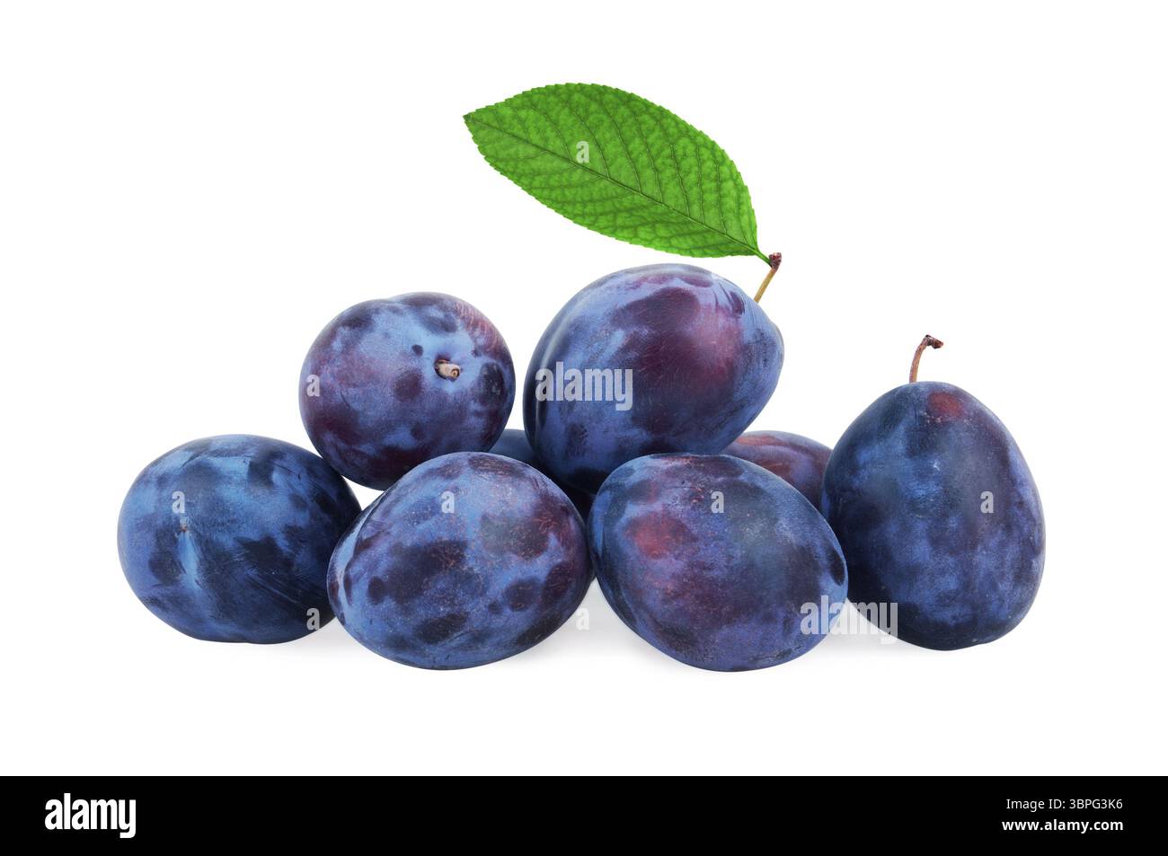 Plums with leaf isolated on white background Stock Photo