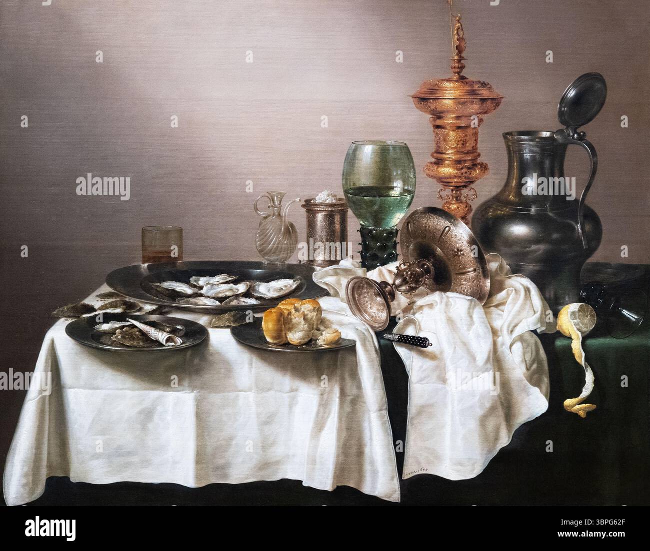 Willem Claesz Heda, "Still life with a Gilt Cup", 1635, oil on panel, Still life painter from the Dutch Golden Age, 17th century painting. Stock Photo