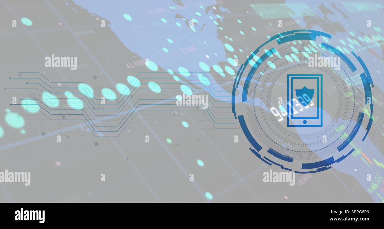 Cybersecurity shield icon image over digital map and data points Stock Photo
