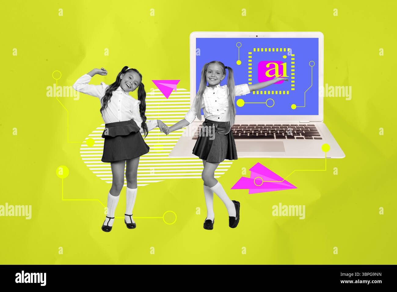 3d pop image sketch art collage of two happy schoolgirls classmates ...