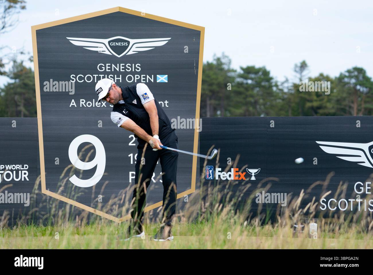 North Berwick, East Lothian,  Scotland, UK. 8th July  2025.  Preview images of Genesis Scottish Open being held from 10th -13th July at The Renaissance Club near North Berwick. PIC; Corey Conners Tee shot on short 9th hole.  Iain Masterton/Alamy Live News Stock Photo