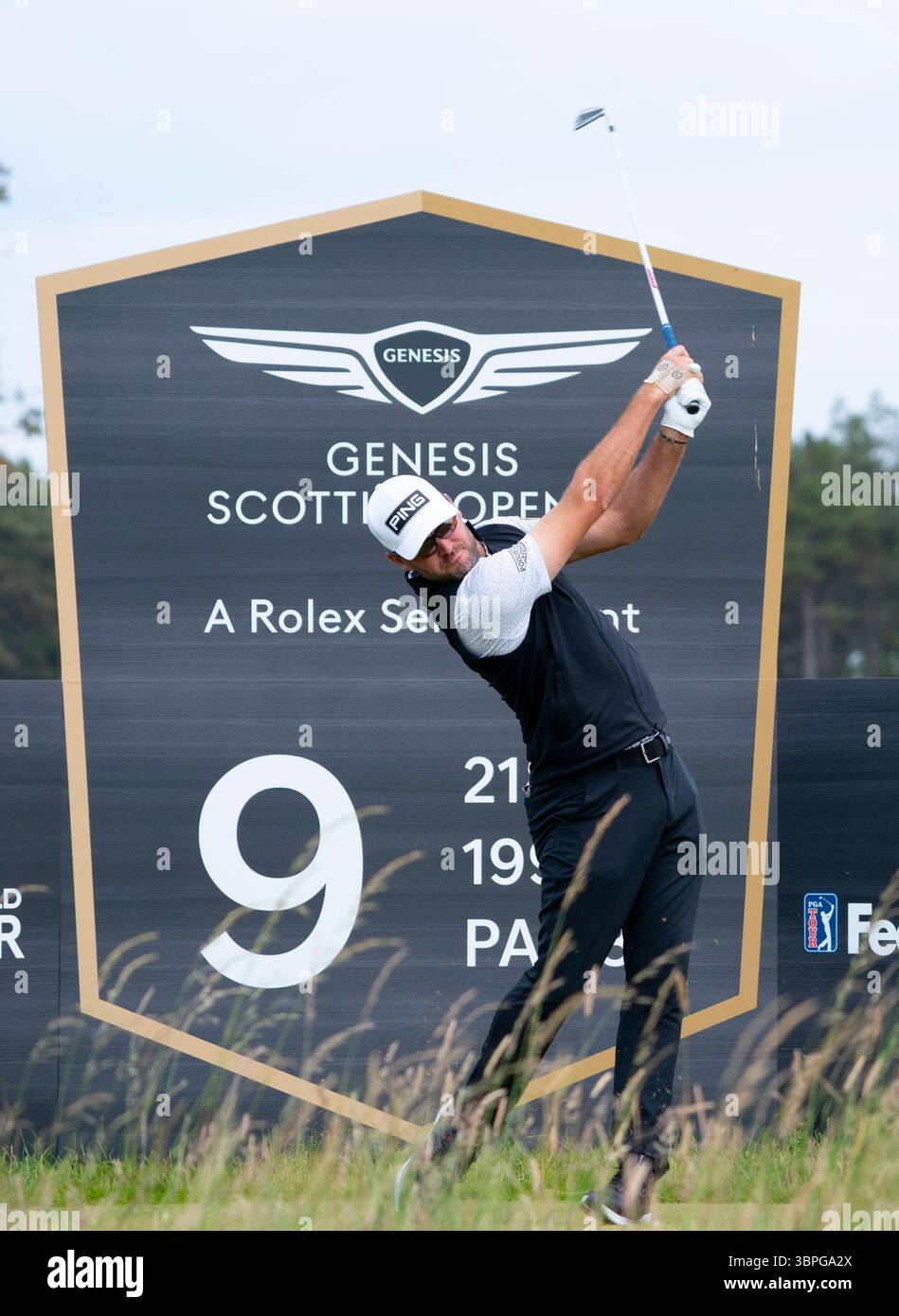 North Berwick, East Lothian,  Scotland, UK. 8th July  2025.  Preview images of Genesis Scottish Open being held from 10th -13th July at The Renaissance Club near North Berwick. PIC; Corey Conners Tee shot on short 9th hole.  Iain Masterton/Alamy Live News Stock Photo