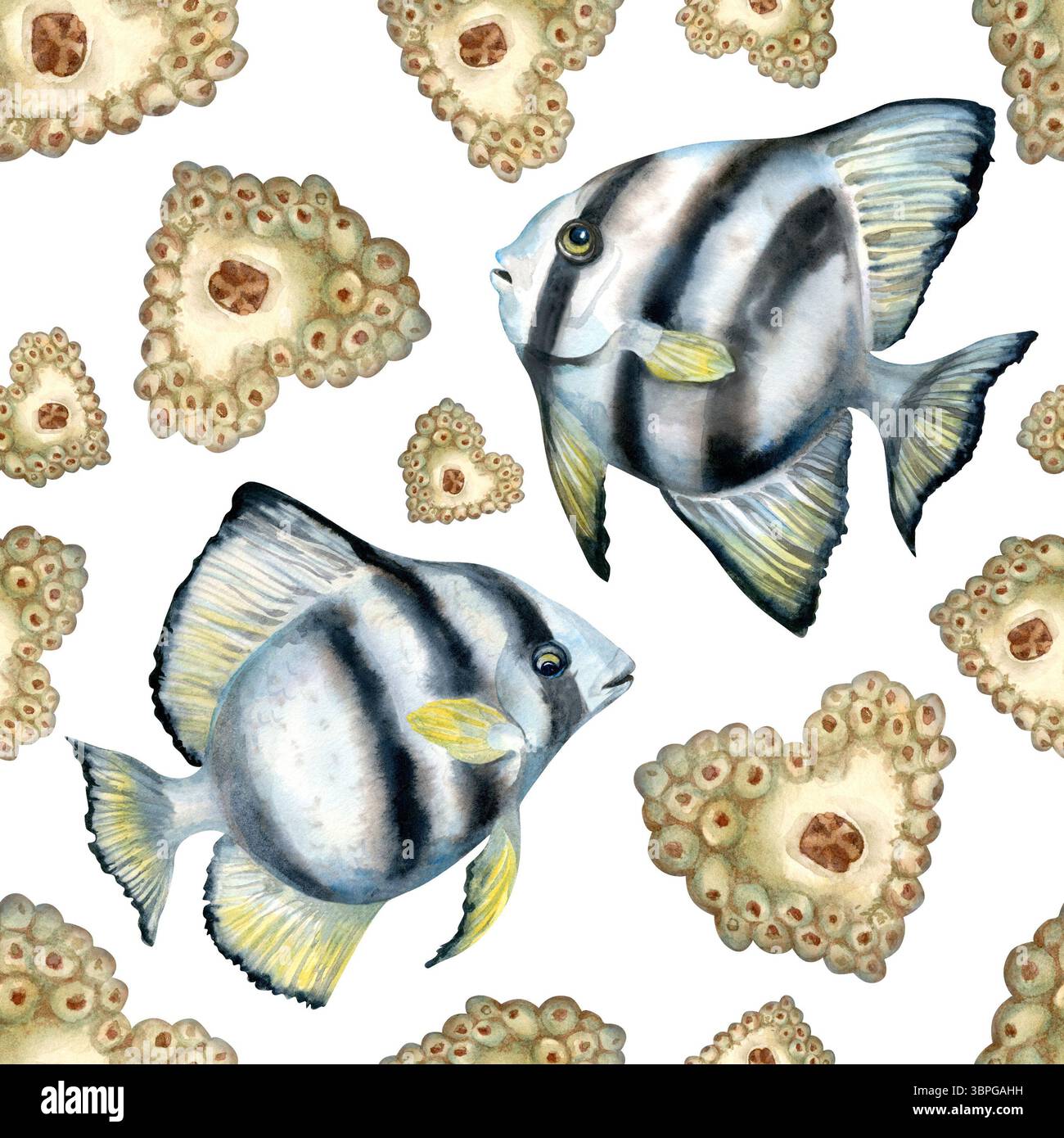 Seamless pattern of tropical striped fish and underwater sea sponges ...