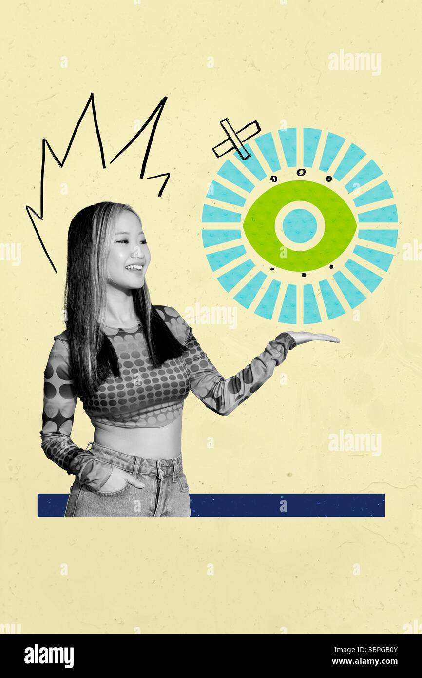 Collage of person standing under symbolic eye representing control ...
