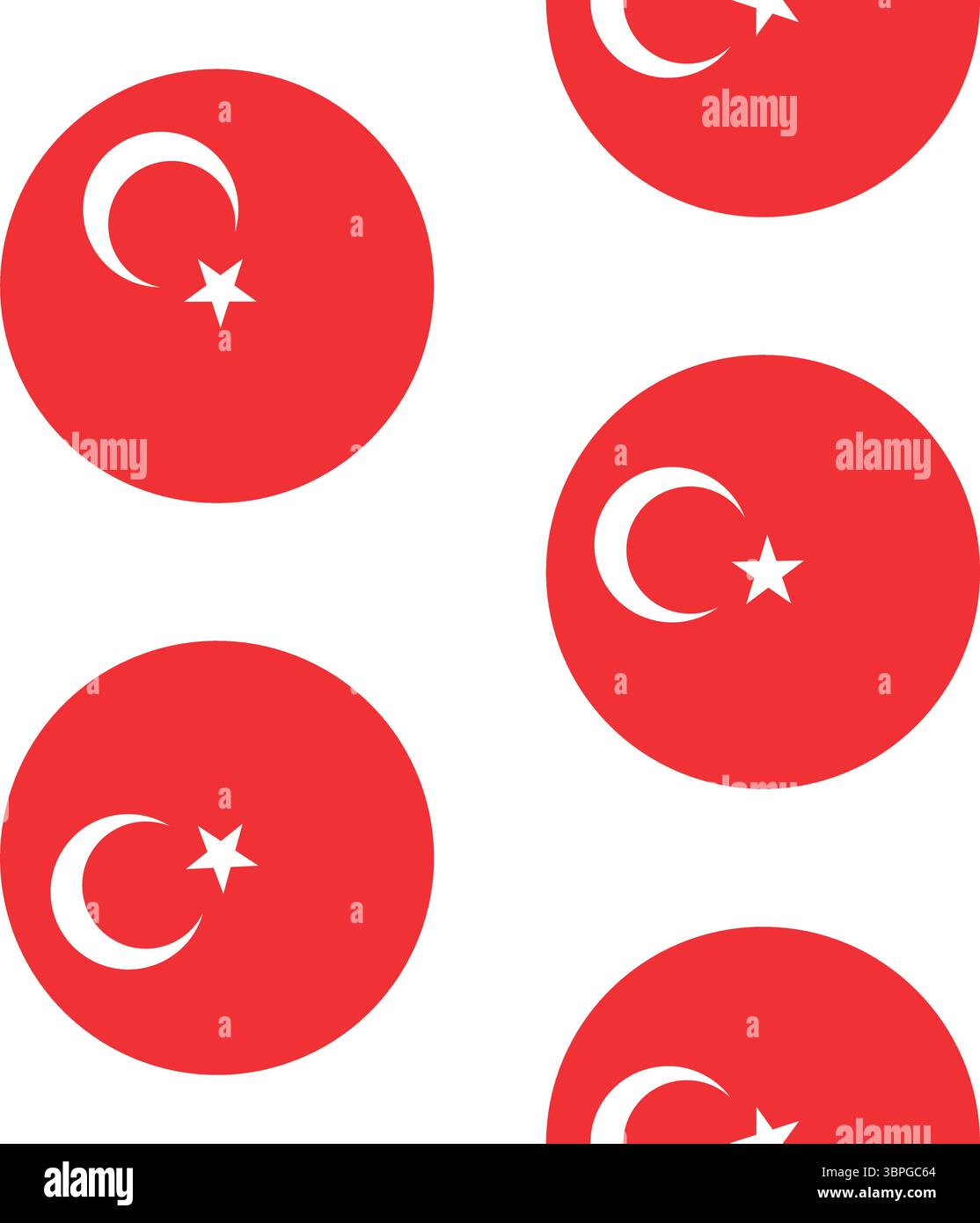 Vector seamless pattern of flat round Turkish flag isolated on white background Stock Vector