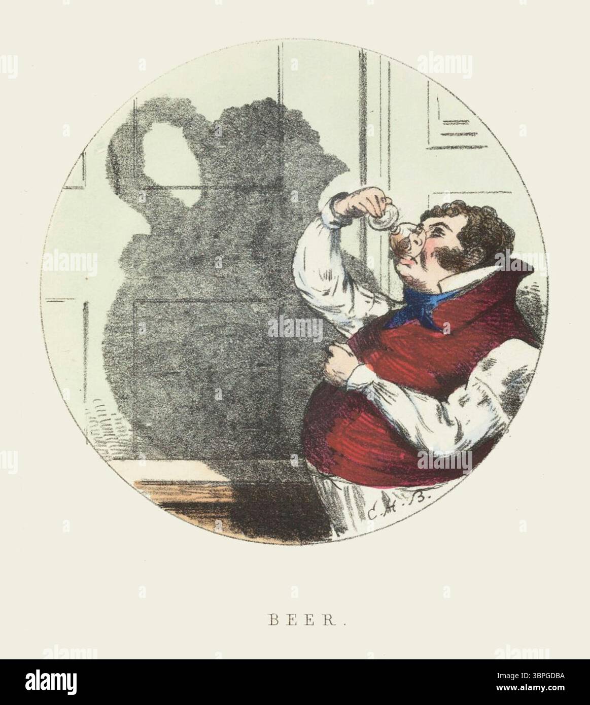 Humorous Victorian illustration titled Beer, showing a man drinking while casting the shadow of a large jug. From Shadows by Charles H. Bennett. London, England. Circa 1856. Stock Photo