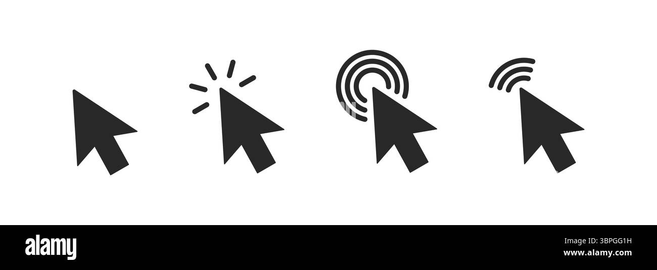 Cursor icons in solid black style showing different click actions including selection, touch, signal, and interaction for user interface Stock Vector