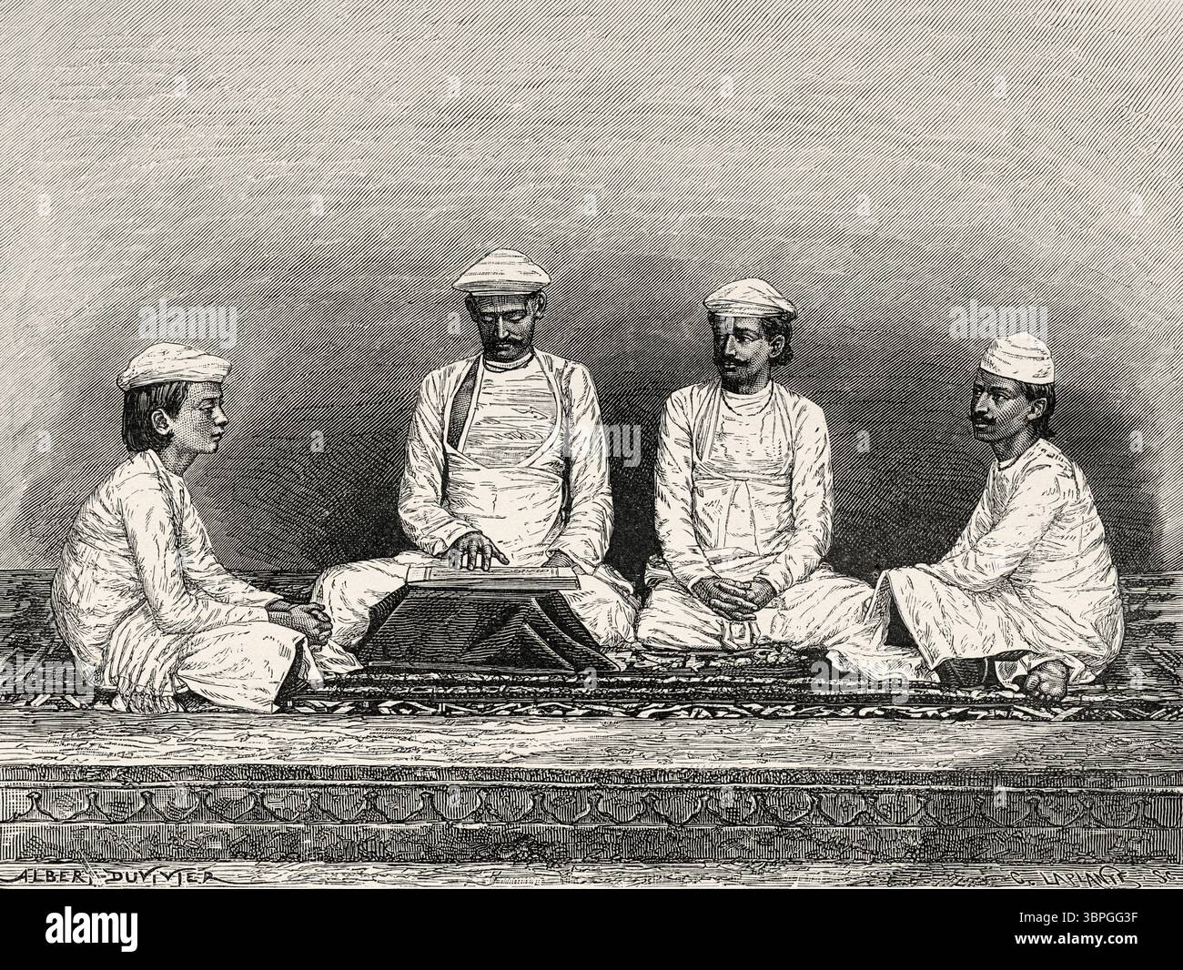 Brahmins from Bengal. India. Drawing by A. Duvivier. Travels in Central India and in the Presidencies of Bombay and Bengal, 1876 by Louis Theophile Marie Rousselet (1845–1929) Le Tour du Monde 1874 Stock Photo