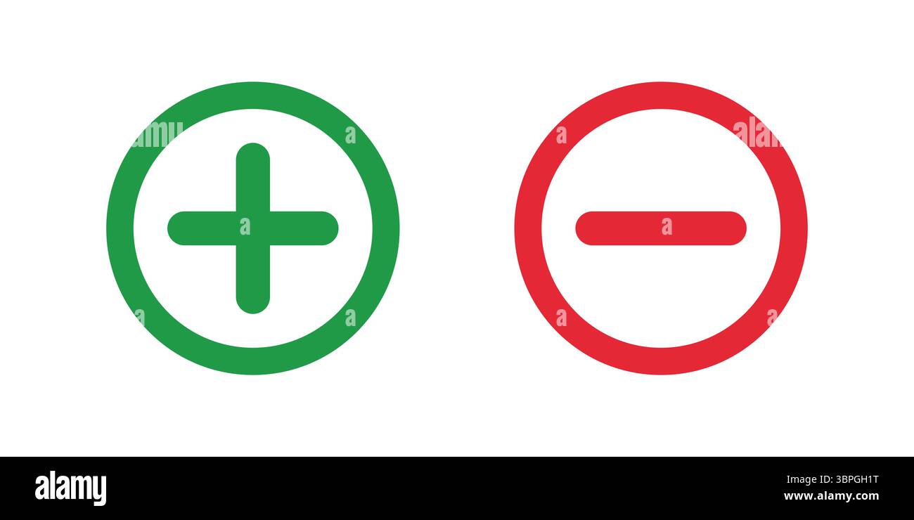 Green plus and red minus symbols inside circles representing addition subtraction positive negative increase decrease approval disapproval evaluation Stock Vector