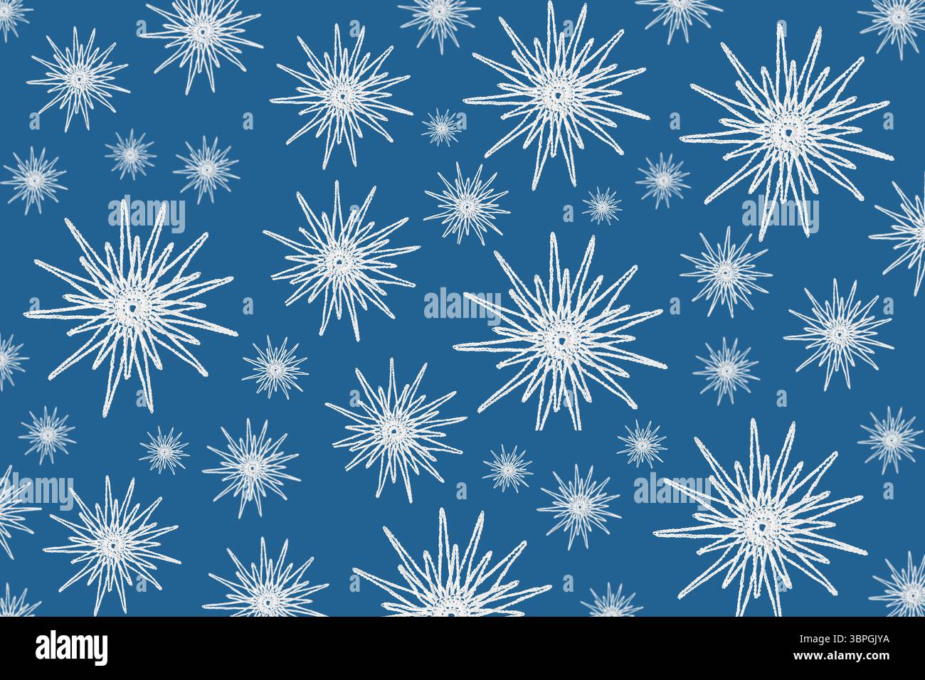 Abstract blue Christmas background made of knitted white snowflakes. Mockup for your text and sentences. Flat lay, copy space Stock Photo
