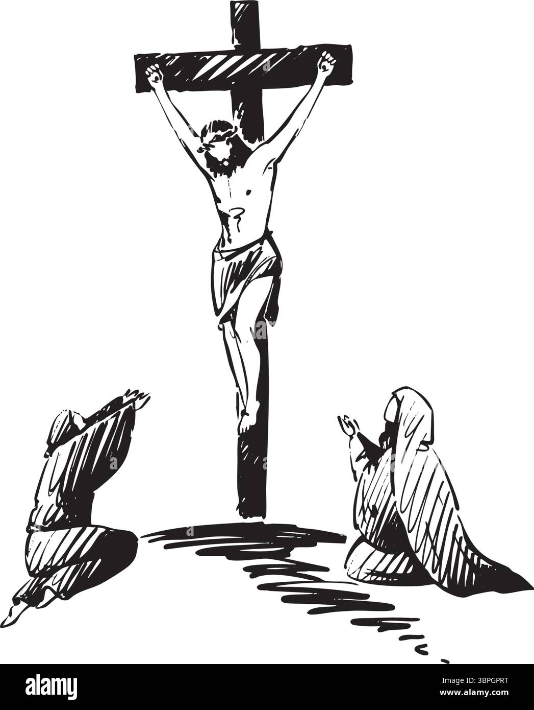 A crucifixion scene with Jesus and mourning figures reflects deep emotional themes Stock Vector