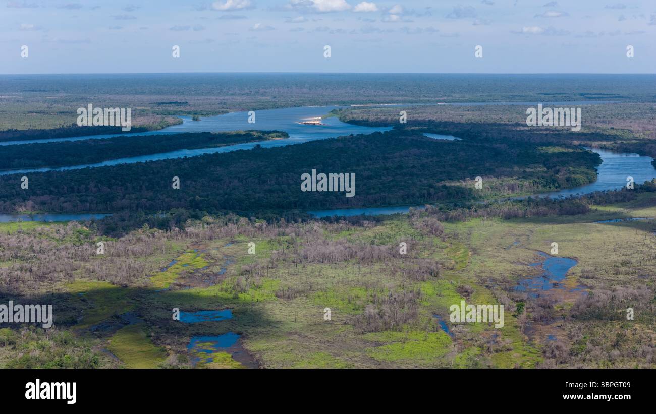 Amazing drone aerial view of Xingu river and Amazon rainforest trees in Xingu indigenous land, Brazil. Concept of environment, ecology, conservation Stock Photo
