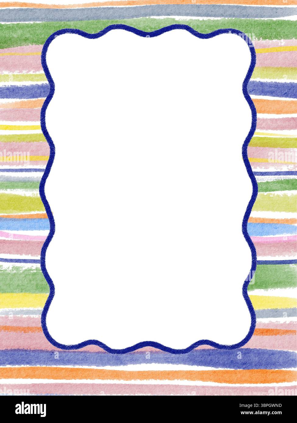 Hand-drawn wavy frame on a bright striped background. Geometric layout ...