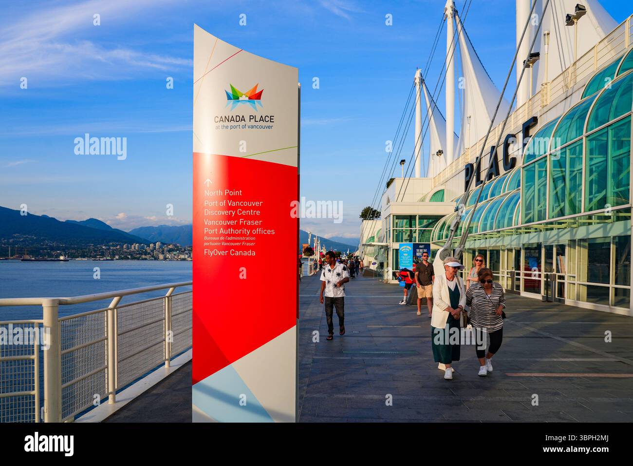 Directional sign in Canada Place, a Convention Centre and Cruise Ship Terminal on the Burrard Inlet in Downtown Vancouver, British Columbia, Canada Stock Photo