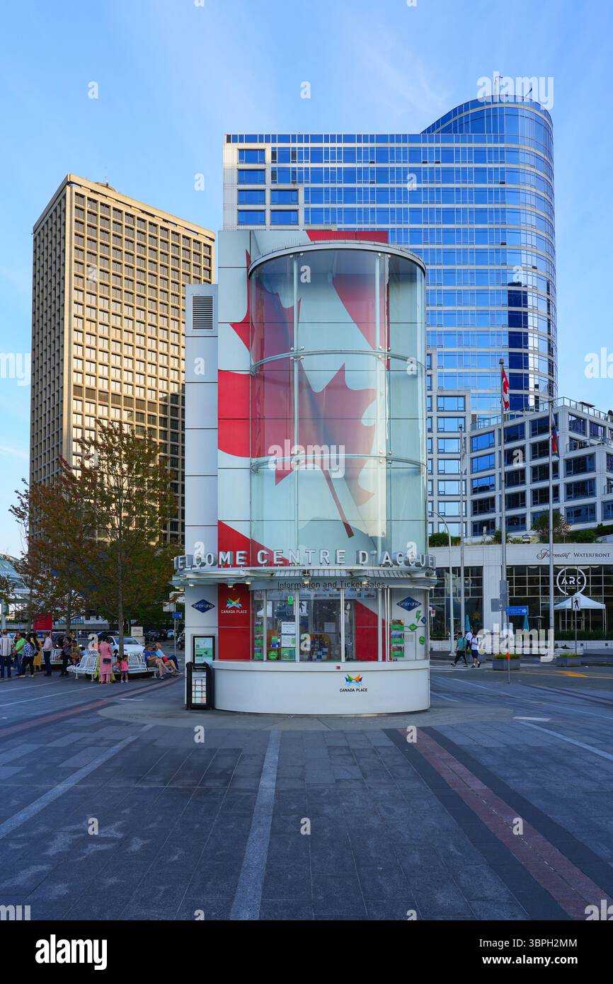 Welcome booth in front of Canada Place, a Convention Centre and Cruise Ship Terminal on the Burrard Inlet in Downtown Vancouver, British Columbia, Can Stock Photo