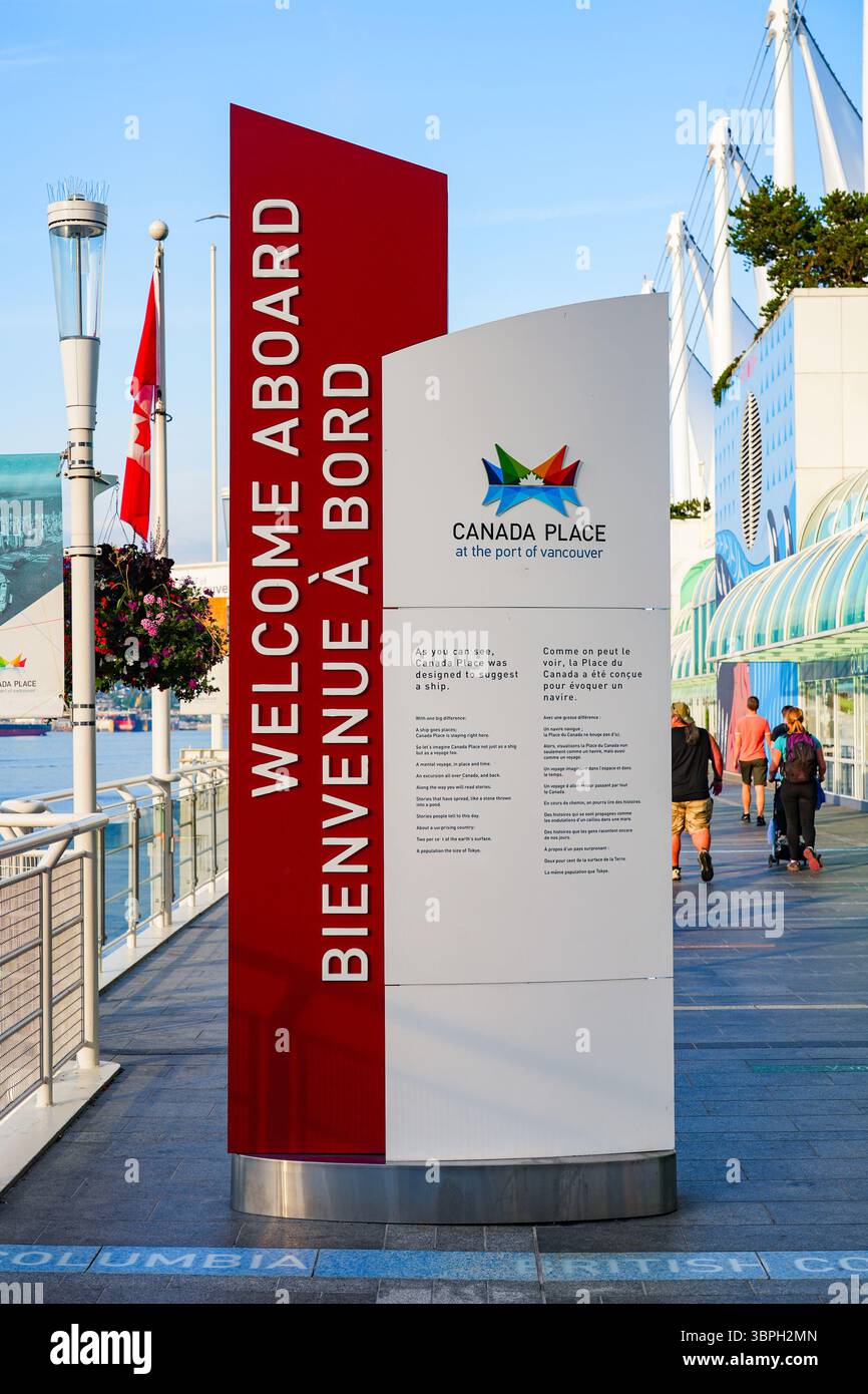'Welcome aboard' sign in Canada Place, a Convention Centre and Cruise Ship Terminal on the Burrard Inlet in Downtown Vancouver, British Columbia, Cana Stock Photo