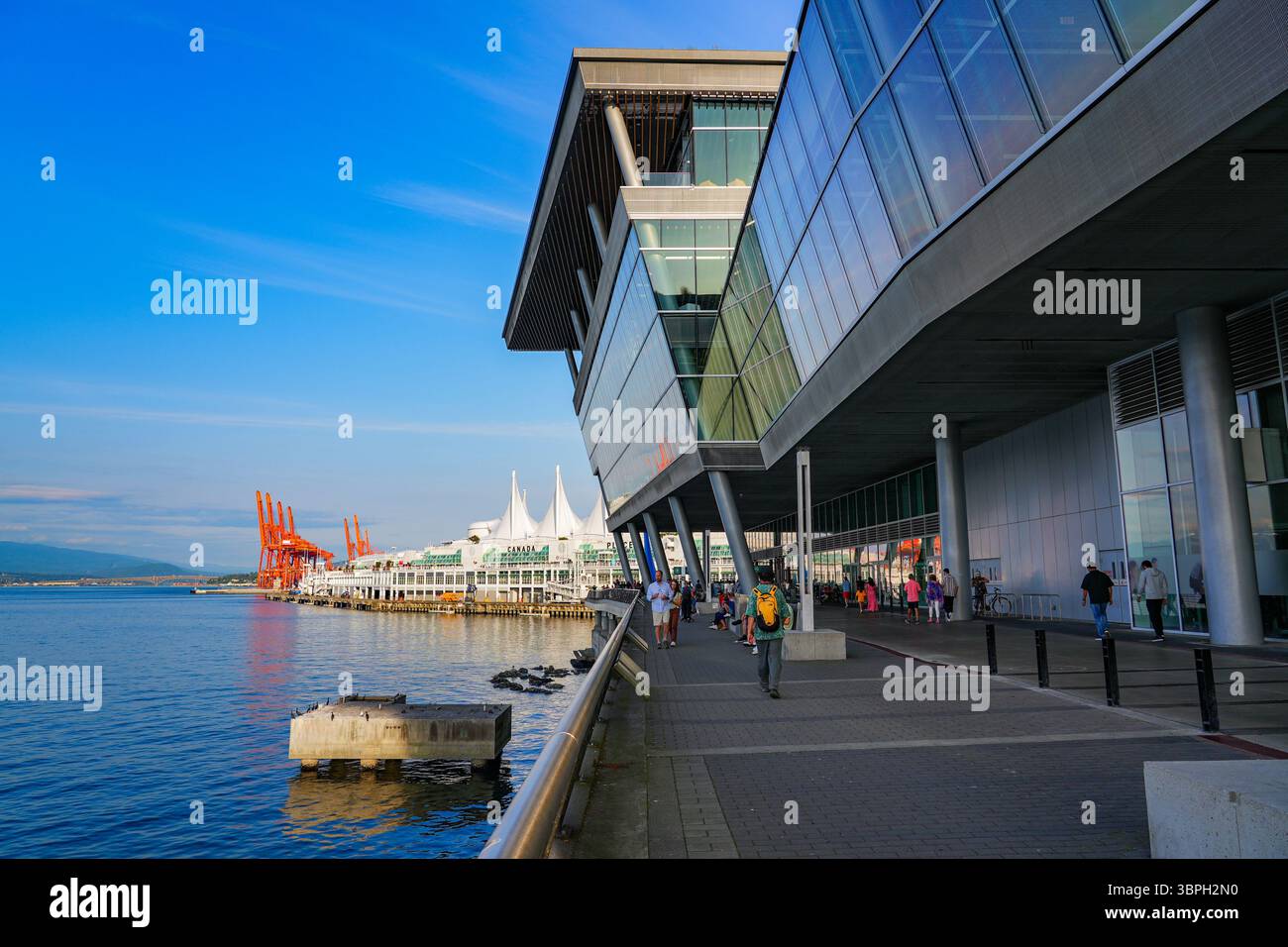 Vancouver Convention & Exhibition Centre in front of Canada Place on the Coal Harbor waterfront in Downtown Vancouver, British Columbia, Canada Stock Photo
