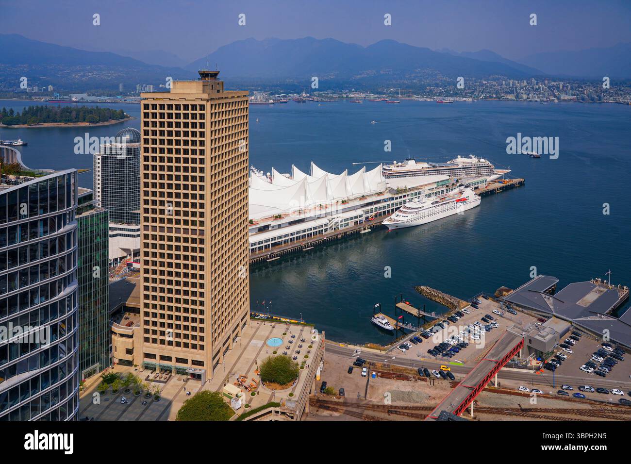 Aerial view of Canada Place, a Convention Centre and Cruise Ship Terminal on the Burrard Inlet in Downtown Vancouver, British Columbia, Canada Stock Photo