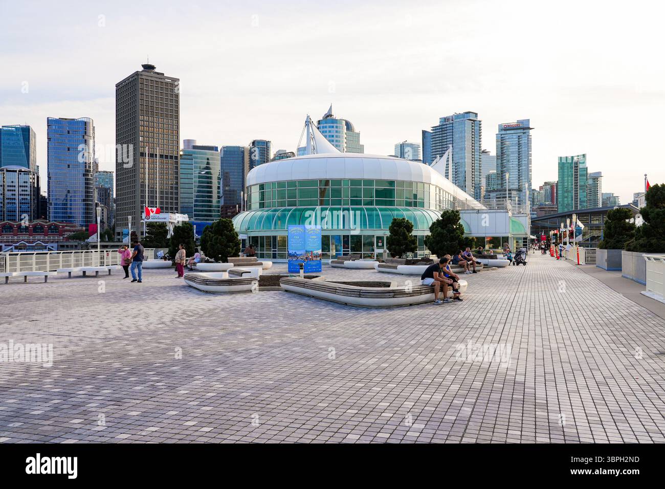 Esplanade at the tip of Canada Place, a Convention Centre and Cruise Ship Terminal on the Burrard Inlet in Downtown Vancouver, British Columbia, Canad Stock Photo