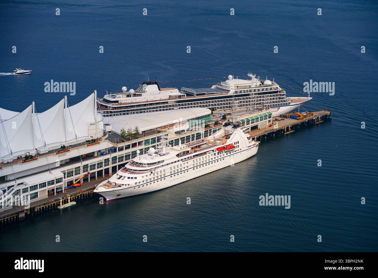 Aerial view of Canada Place, a Convention Centre and Cruise Ship Terminal on the Burrard Inlet in Downtown Vancouver, British Columbia, Canada Stock Photo