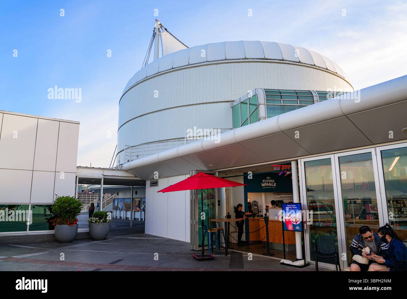 Building exterior of FlyOver Canada, a flying-theatre attraction in Canada Place in Downtown Vancouver, British Columbia, Canada Stock Photo