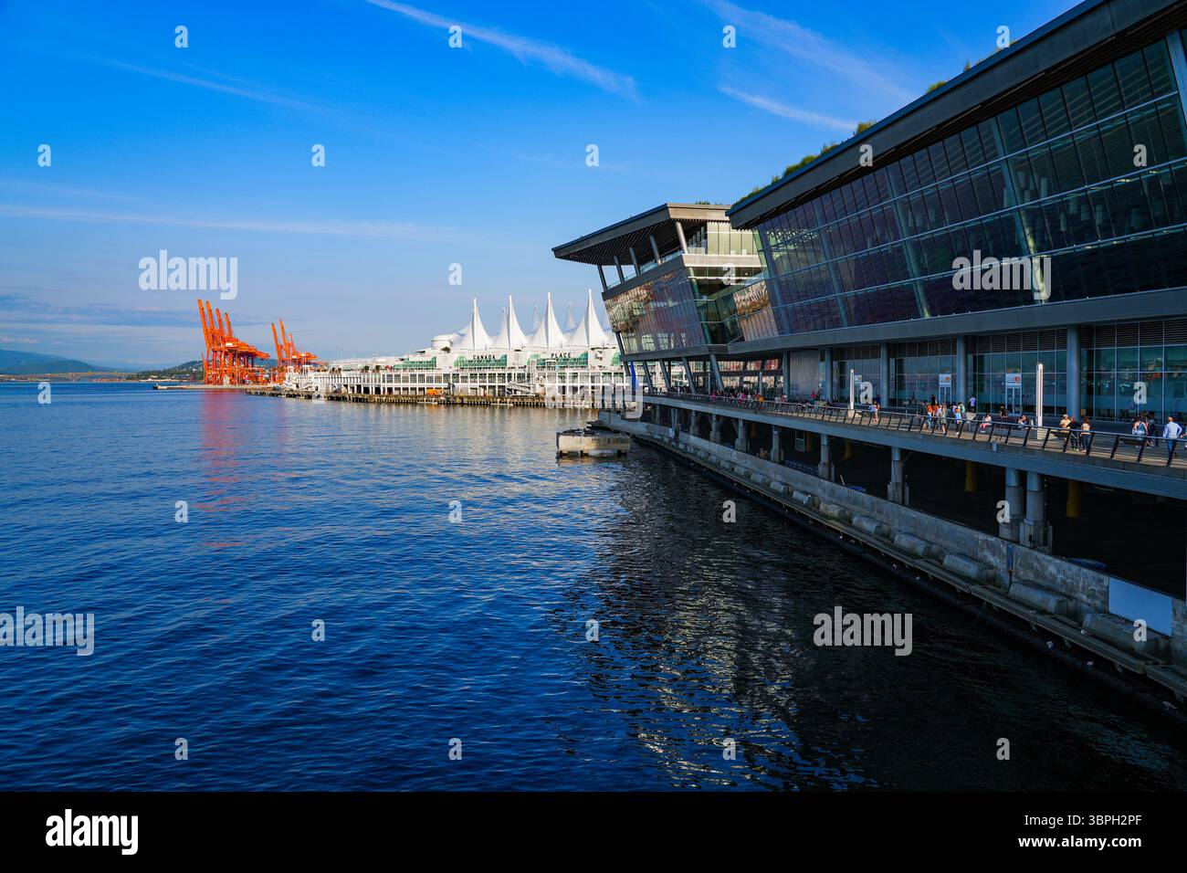 Vancouver Convention & Exhibition Centre in front of Canada Place on the Coal Harbor waterfront in Downtown Vancouver, British Columbia, Canada Stock Photo