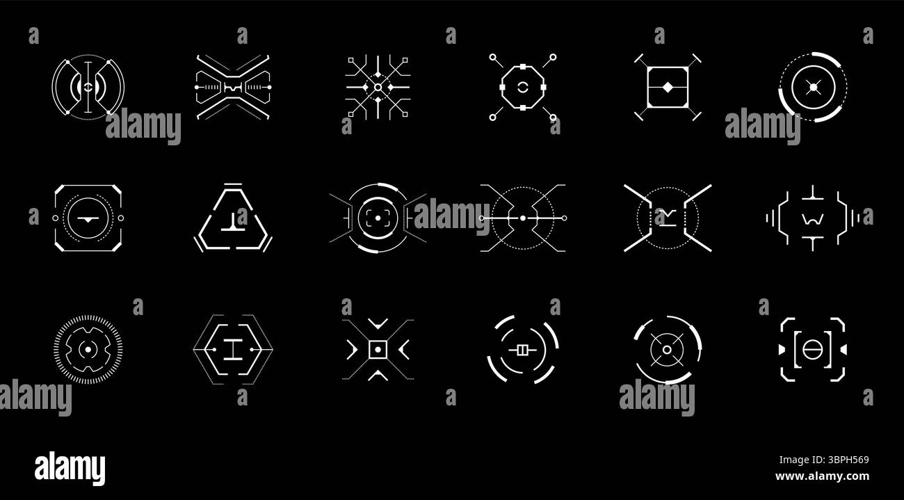 Futuristic HUD target interface set with circular aim indicators, digital compass and crosshair graphics. Tech style vector elements for sci fi dashbo Stock Vector