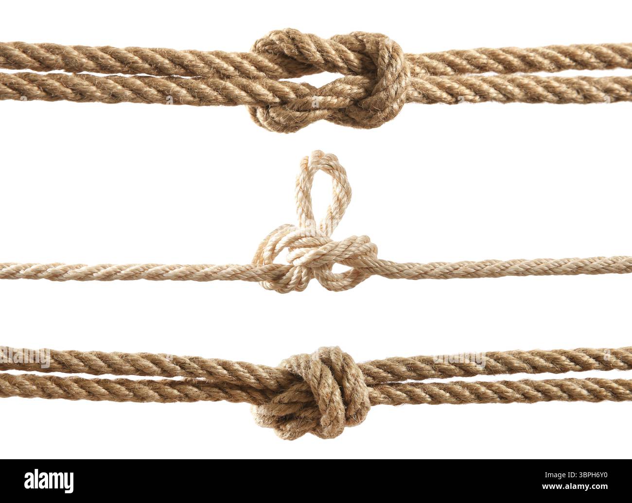 Multiple Knots On Rope Ropes with different knots isolated on white, set Stock Photo - Alamy