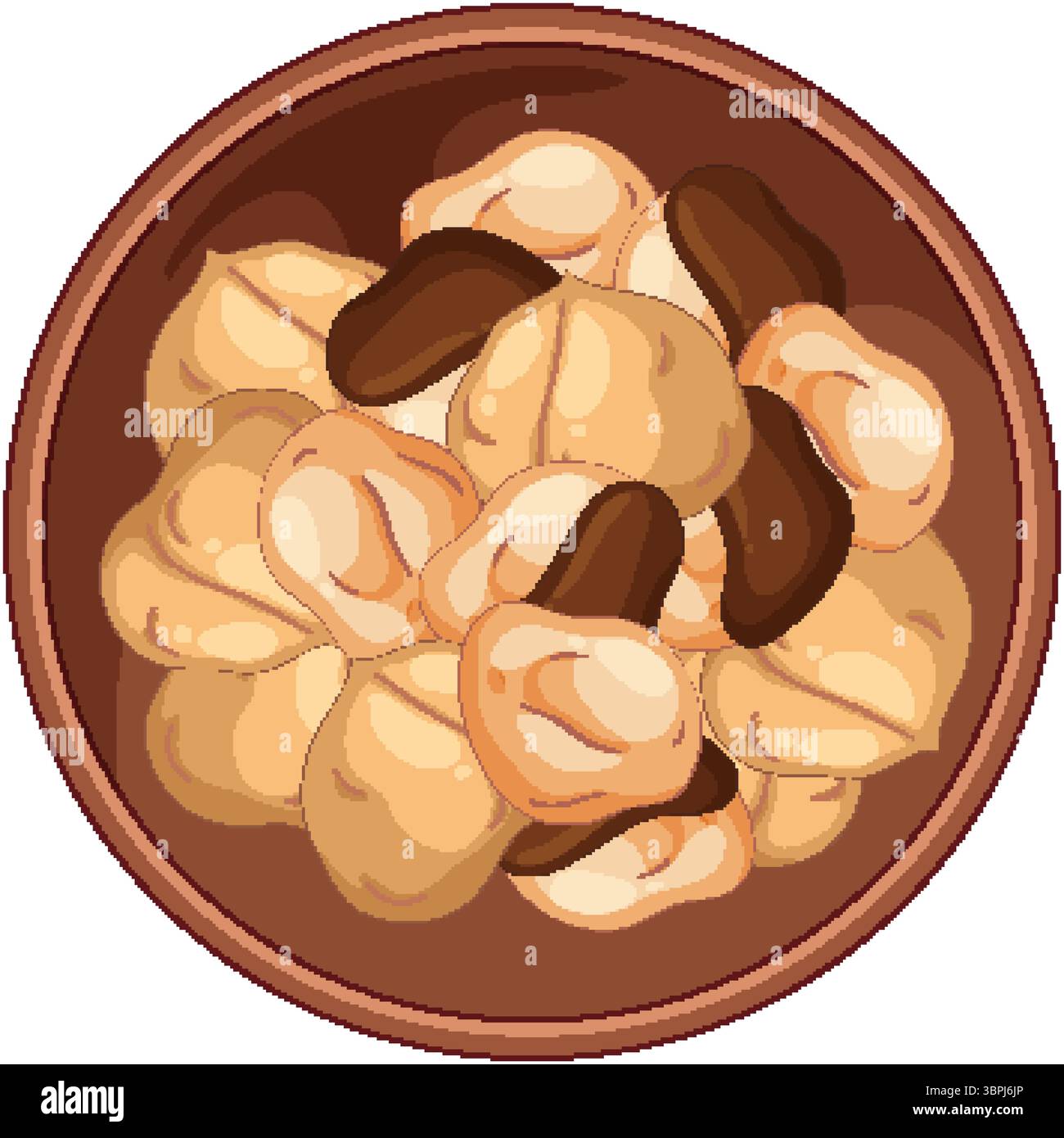 Top-down view of a brown bowl filled with roasted cashew nuts, rendered in flat vector style with warm, natural colors and clean outlines Stock Vector