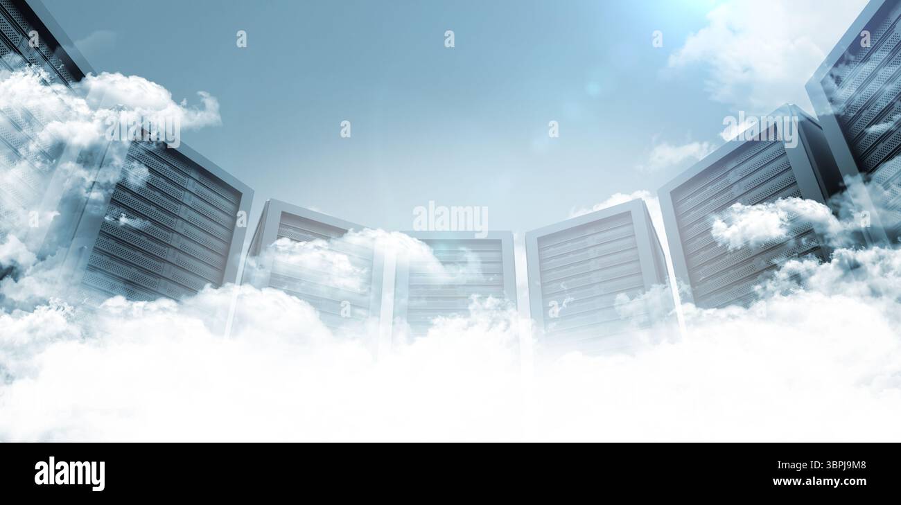 Cloud computing concept is emerging with server racks from white clouds in flat design Stock Photo