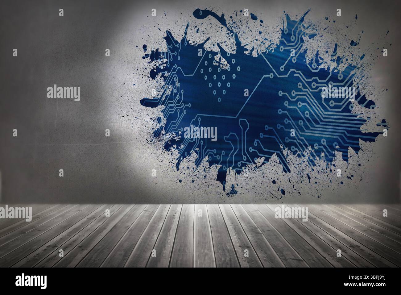 Splash on wall revealing circuit board Stock Photo