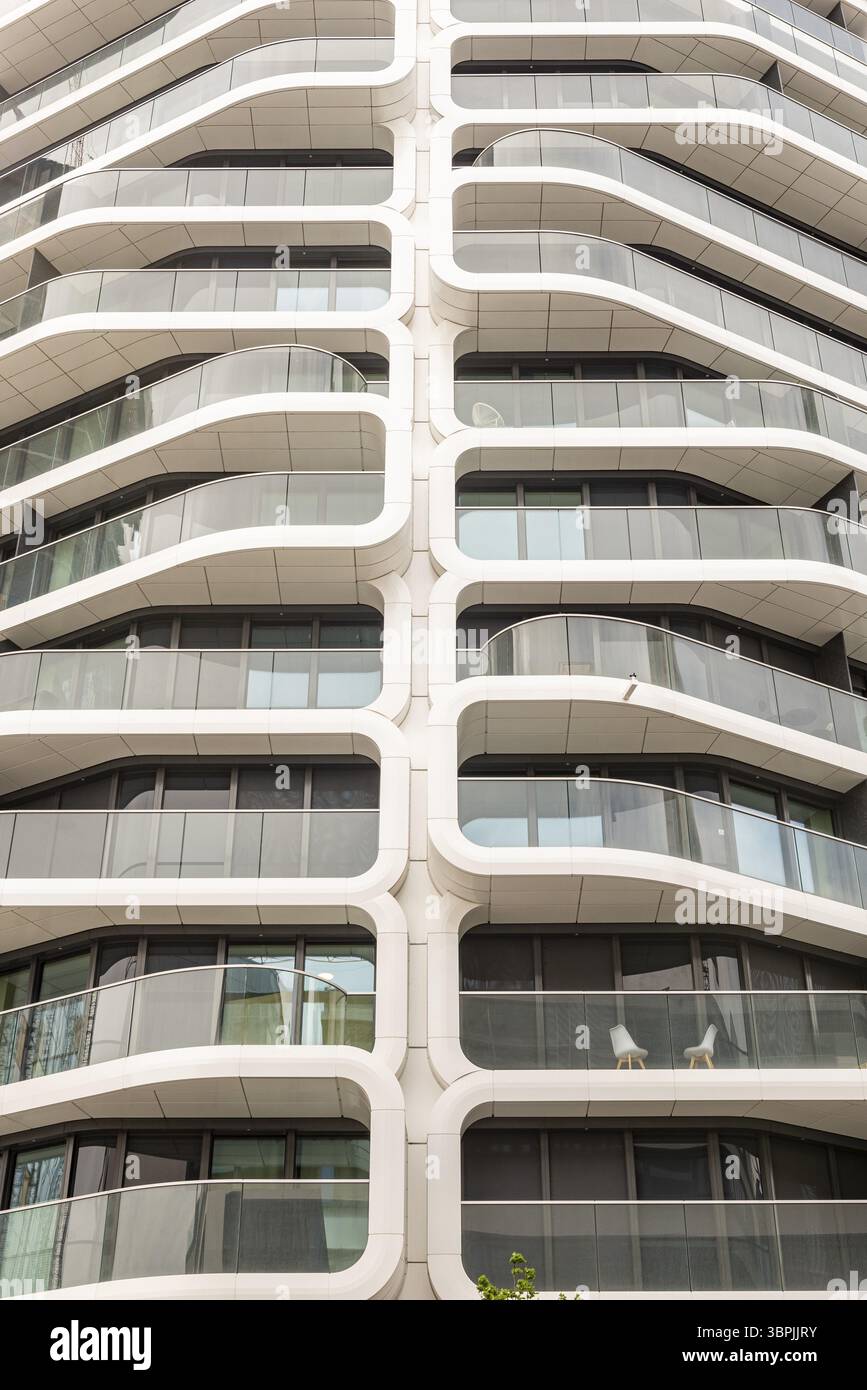 A frog's-eye view of the balconies on the facade of a modern ...