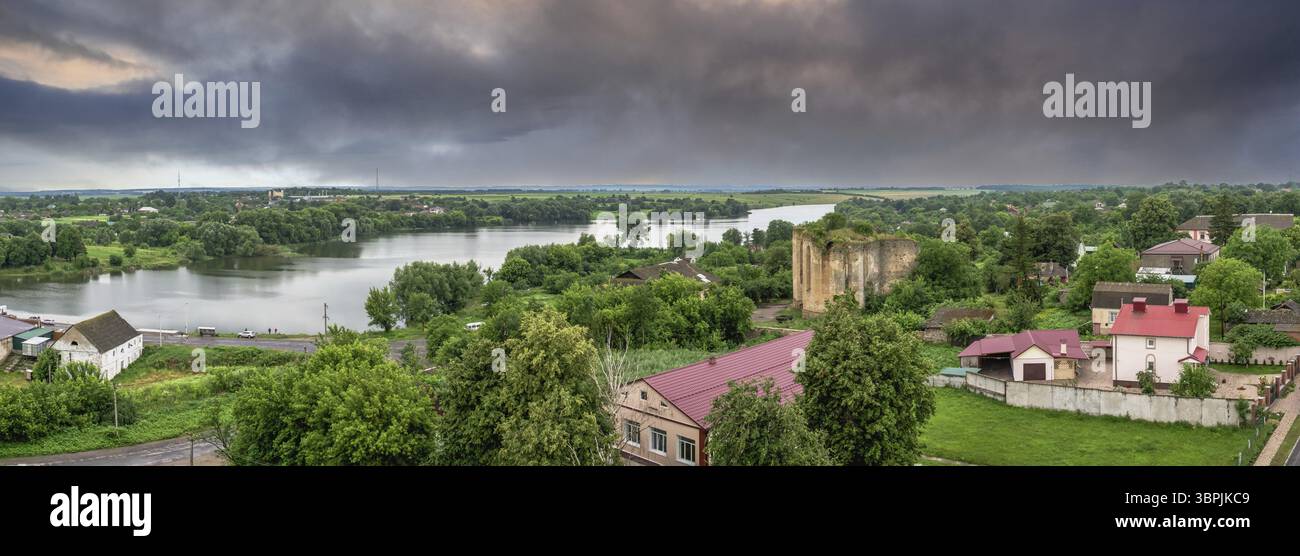 Medzhybish, Ukraine 05.07.2021. View of the Southern Bug river from the Medzhybizh fortress tower, on a cloudy summer morning, Medzhybizh, Ukraine, Eu Stock Photo