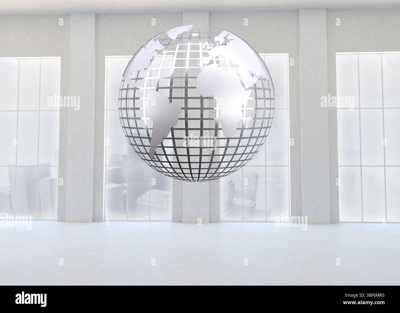 Silver globe floating in room Stock Photo