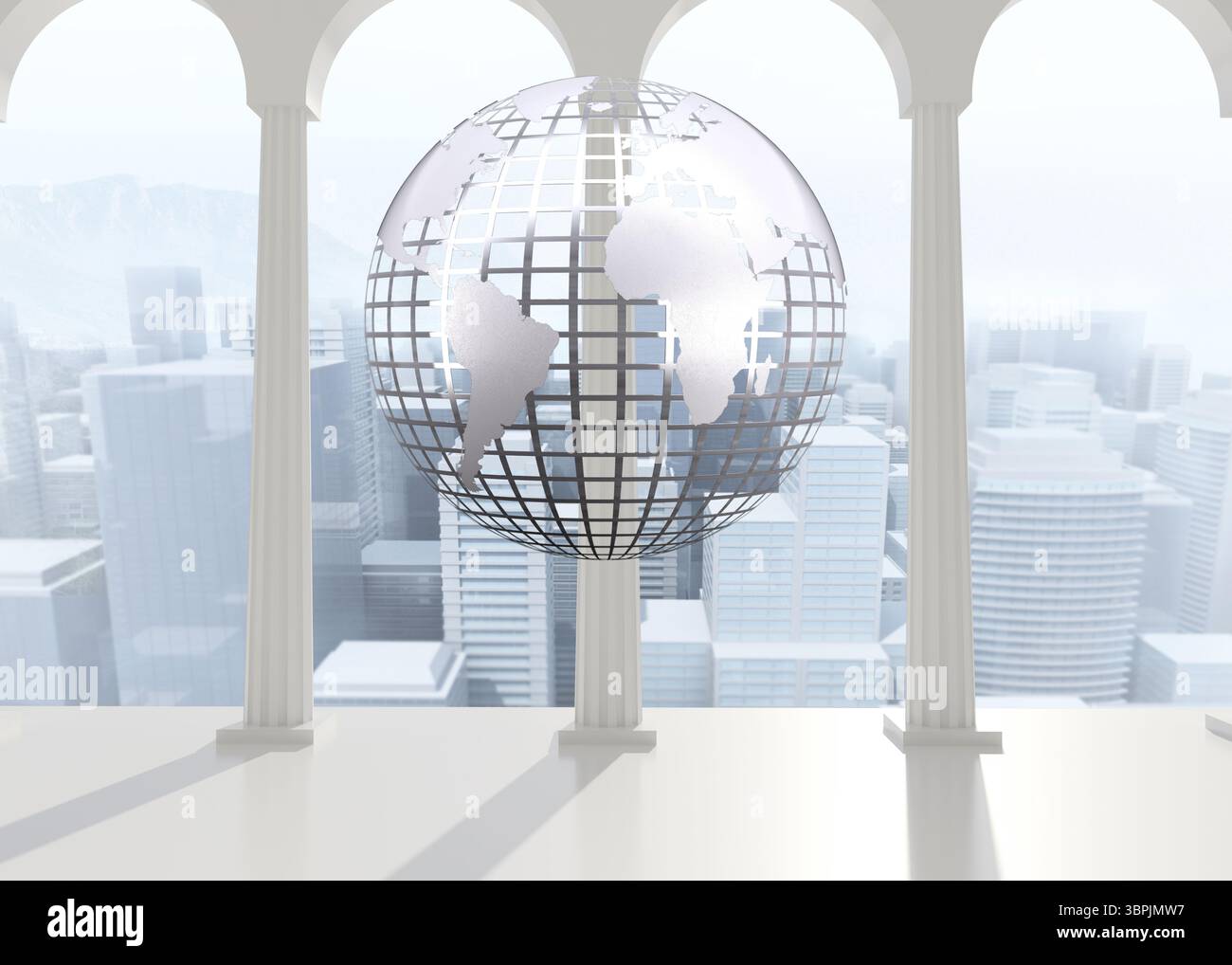 Silver globe floating in room Stock Photo