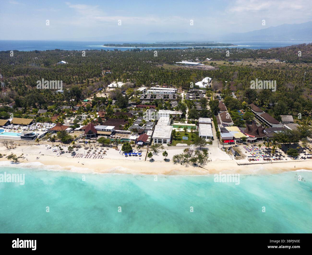 Gili Island beach aerial landscape by drone. aerial view of Gili Trawangan in Lombok, Bali, Indonesia, Asia Stock Photo