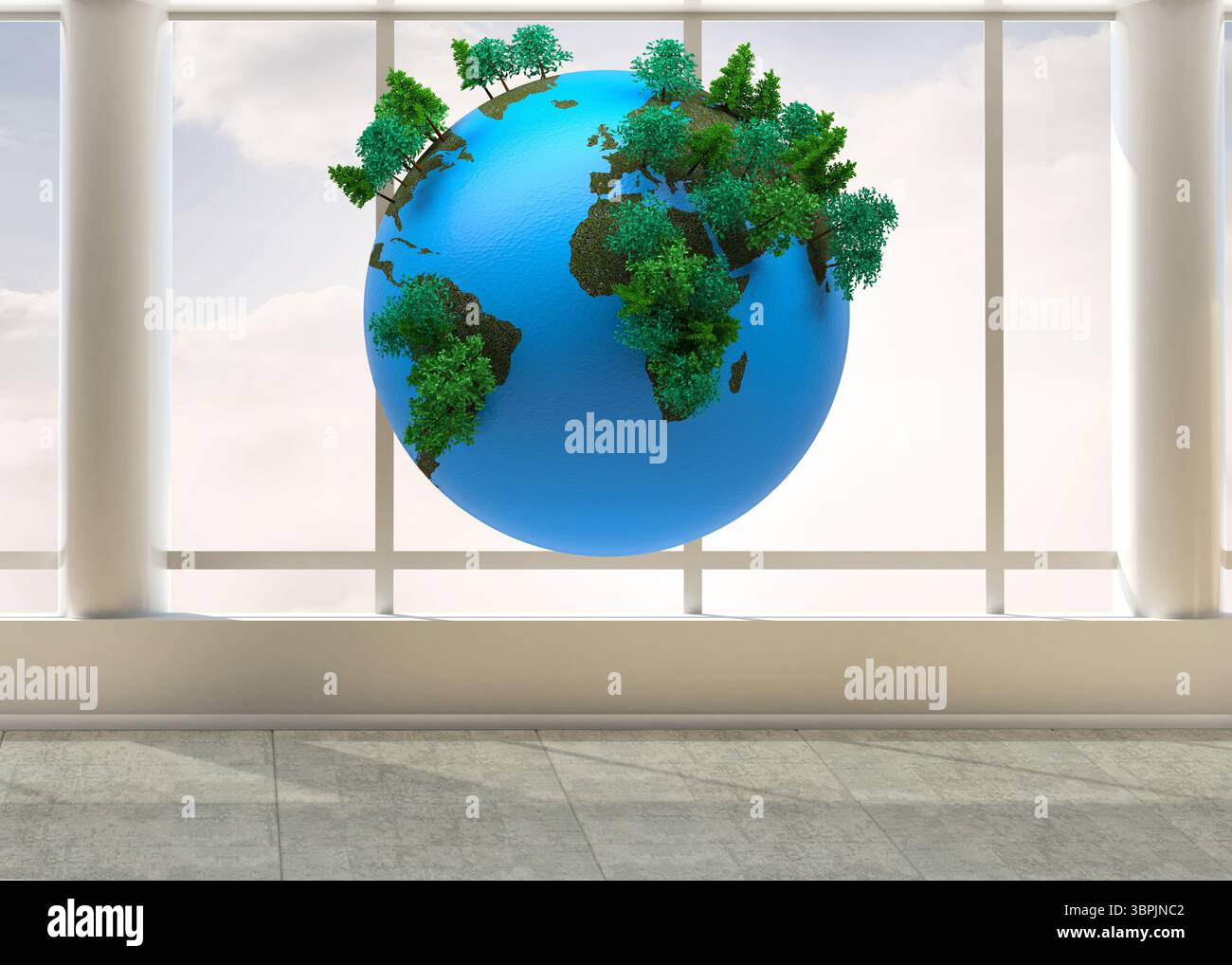 floating tree-covered earth globe hovering in 3D render room, showing grid windows and marble floor Stock Photo
