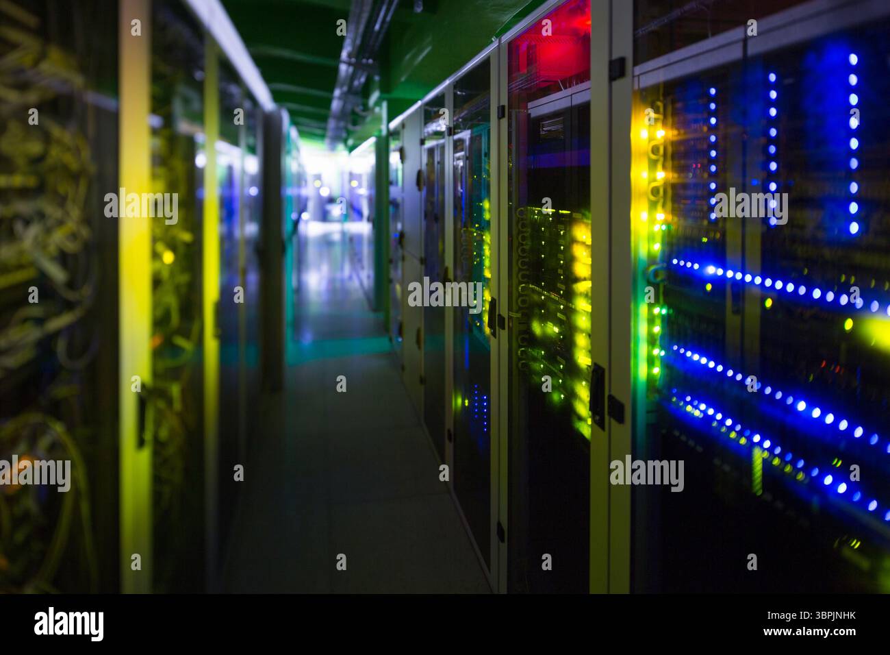 Server rack on right side is showing blinking LED panels in flat design ...