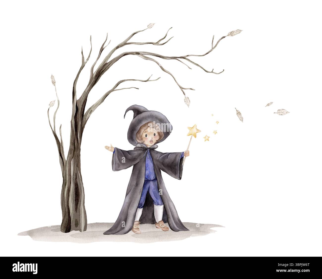 Watercolor illustration Tree without leaves and wizard in a black hat ...