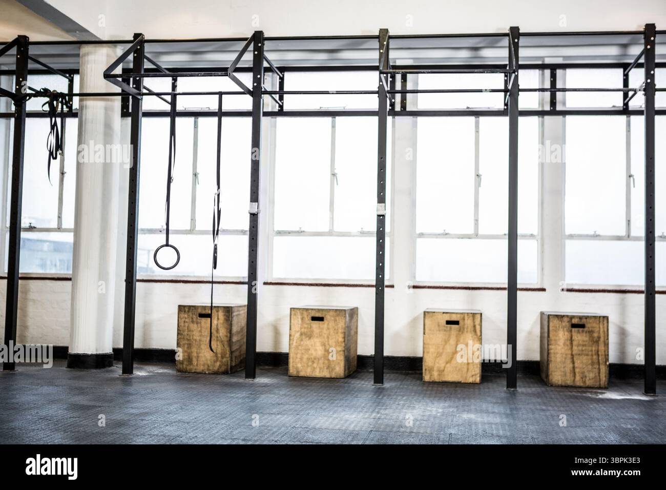 Black metal pull-up rig is spanning gym, featuring gymnastic rings ...