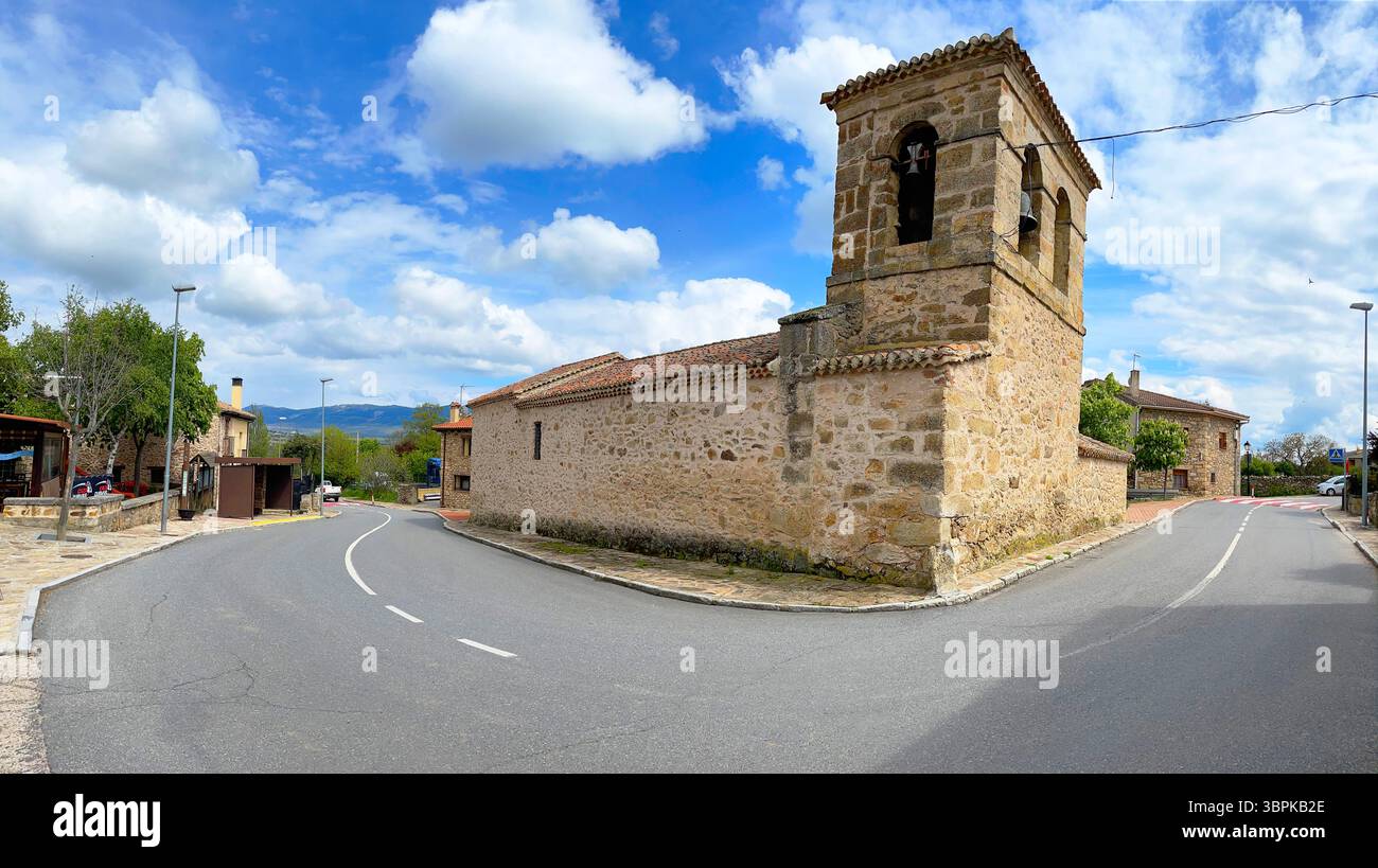 Church and road, panoramic view. Piñuecar, Madrid province, Spain. - Smartphone Captured Stock Image
