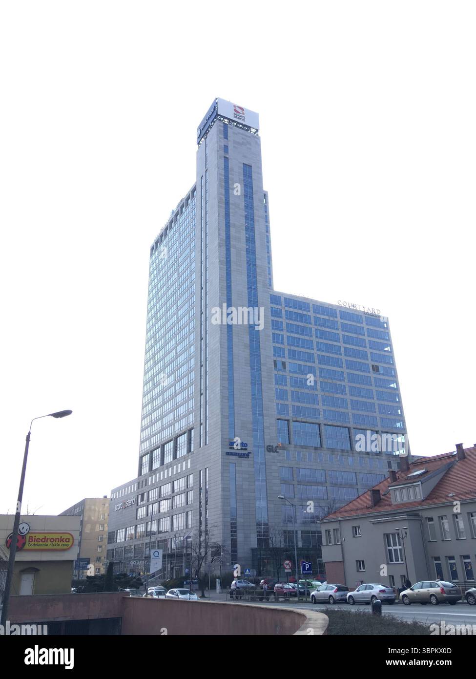 Katowice city centre showcasing notable architecture—from neo‑Gothic and modernist façades to landmark towers and eclectic public squares—highlighting Stock Photo