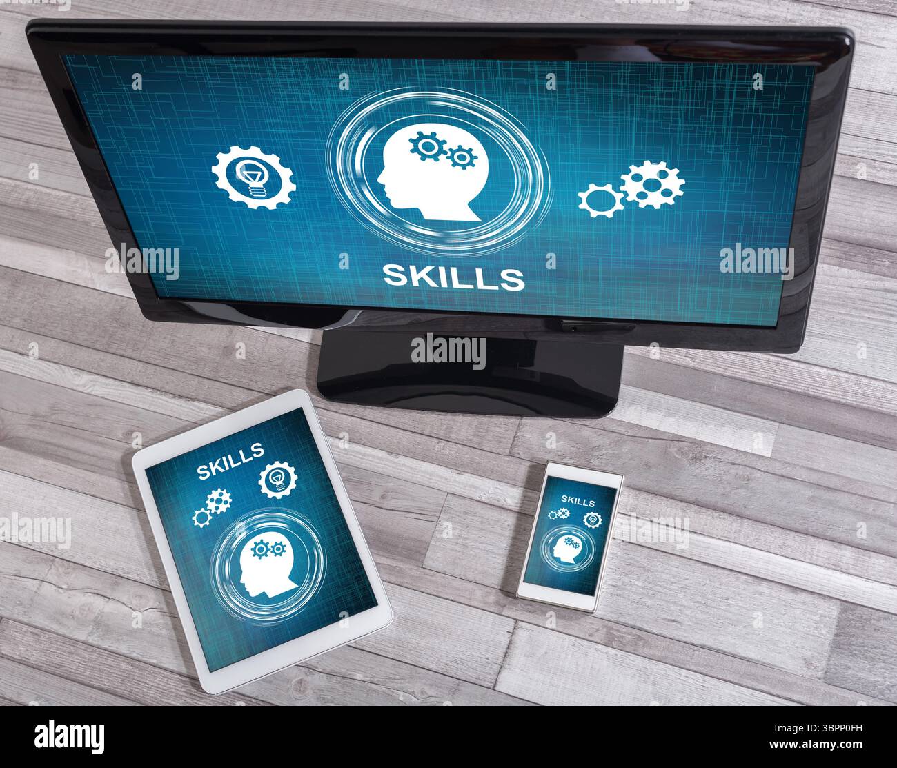 Skills concept shown on different information technology devices Stock Photo