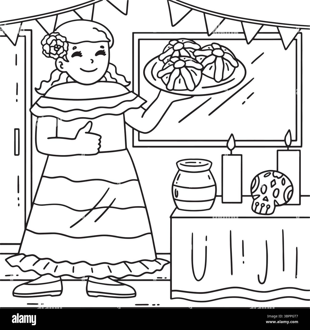 Dia de los Muertos Mom with Pan De Muerto Coloring Stock Vector