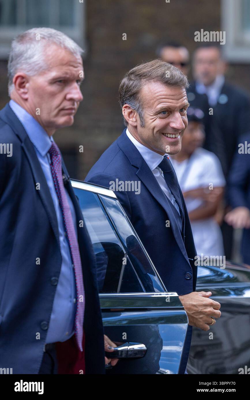 London, UK. 9 July 2025. French President Emmanuel Macron and First Lady Brigitte Macron are welcomed to 10 Downing Street by UK Prime Minister Sir Keir Starmer and his wife Victoria Starmer. The meeting comes during President Macron’s State Visit to the United Kingdom, aimed at strengthening diplomatic and bilateral ties between the two nations. Credit: Abdullah Bailey/Alamy Live News Stock Photo