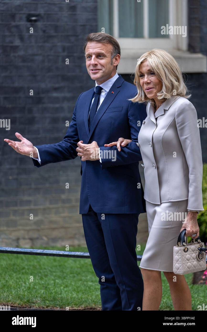 London, UK. 9 July 2025. French President Emmanuel Macron and First Lady Brigitte Macron are welcomed to 10 Downing Street by UK Prime Minister Sir Keir Starmer and his wife Victoria Starmer. The meeting comes during President Macron’s State Visit to the United Kingdom, aimed at strengthening diplomatic and bilateral ties between the two nations. Credit: Abdullah Bailey/Alamy Live News Stock Photo