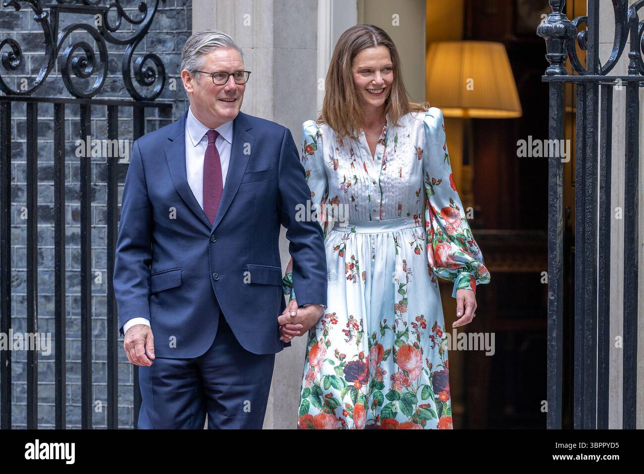 London, UK. 9 July 2025. French President Emmanuel Macron and First Lady Brigitte Macron are welcomed to 10 Downing Street by UK Prime Minister Sir Keir Starmer and his wife Victoria Starmer. The meeting comes during President Macron’s State Visit to the United Kingdom, aimed at strengthening diplomatic and bilateral ties between the two nations. Credit: Abdullah Bailey/Alamy Live News Stock Photo