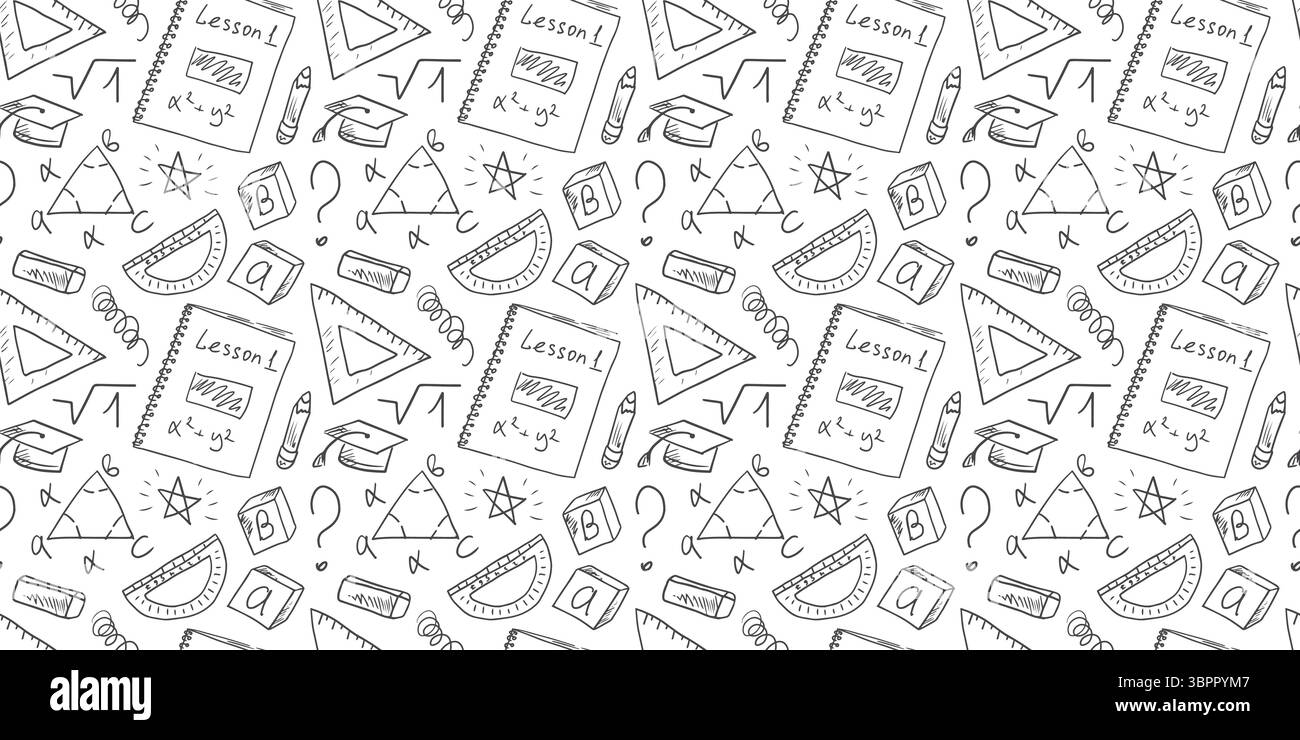 Seamless pattern with school supplies, mathematical formulas, geometry ...