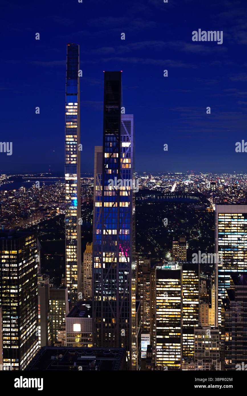 High-rise buildings and Central Park in the distance at night, New York ...