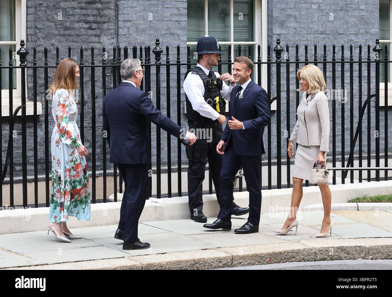 London, UK, 9th July 2025. On the 2nd day of their state visit French President Emmanuel Macron and wife Brigitte, visit UK PM Sir Keir Starmer and wife Lady Victoria, for lunch at No. 10 Downing Street. The UK continues to push for France to do more to stop the migrant small boat crossings. Credit : Monica Wells/Alamy Live News Stock Photo
